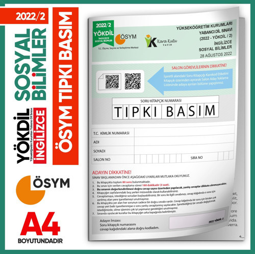 2022/2 YÖKDİL İngilizce SOSYAL BİLİMLER ÖSYM Çıkmış Soru Tıpkı Basım Deneme Kitapçığı Türkiye Geneli