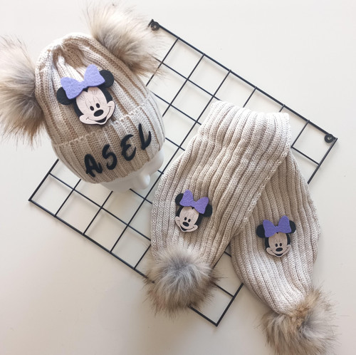 Bebek Kız Çocuk İsimli Bej Lila Minnie Çift Ponponlu Atkı Bere Takımı