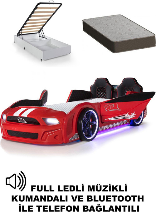 Bazalı Arabalı Yatak Kırmızı Kapıları Açılan Mustang Full Ledli Kumandalı ve Müzikli+Ortopedik Yatak