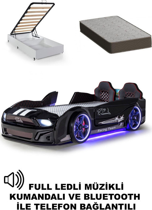 Bazalı Arabalı Yatak Siyah Kapıları Açılan Mustang Full Ledli Kumandalı ve Müzikli + Ortopedik Yatak