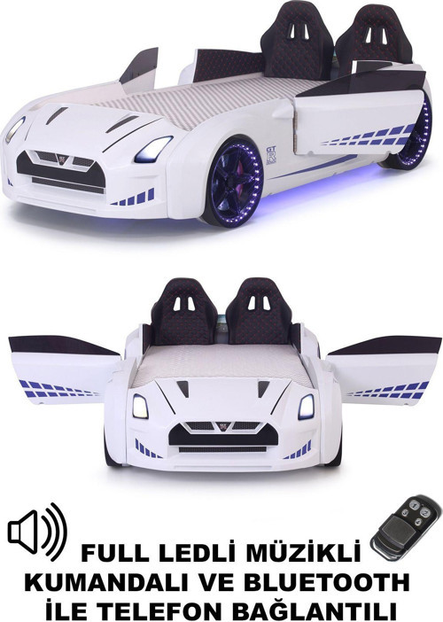 Beyaz Arabalı Yatak Kapıları Açılan GTR Full Ledli Kumandalı ve Müzikli