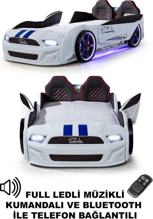 Beyaz Arabalı Yatak Kapıları Açılan Mustang Full Ledli Kumandalı ve Müzikli