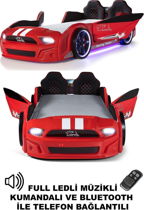 Kırmızı Arabalı Yatak Kapıları Açılan Mustang Full Ledli Kumandalı ve Müzikli