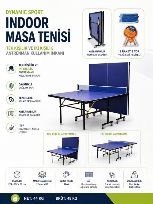 Sport Katlanabilir Masa Tenisi Masası + 2 Raket + 3 Top + Ağdemir Set