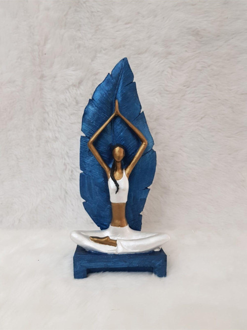 Ab Ev Dekorasyon Yoga Yapan Kız Yapraklı Mavi Beyaz Gold
