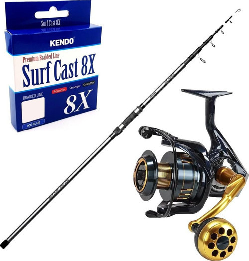 YekOutdoor Surf Oltası Seti Okuma Revenger Tele Surf 420 cm 4 Parça Surf Kamışı&Okuma Salina SA-6000HA Blue 6+1BB Olta M