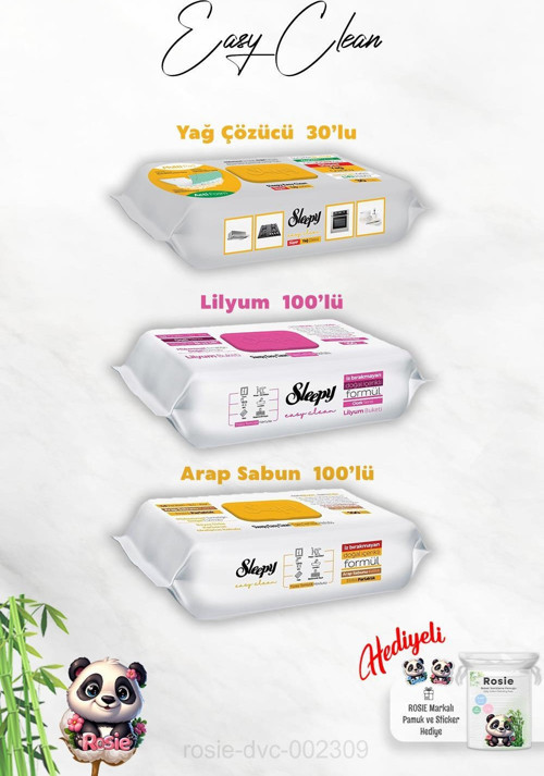 Arap Sabun ve Lilyum Katkılı Sleepy 100'lü, Yağ Çözücü 30'lu Temizlik Havlusu ve Rosie Hediye