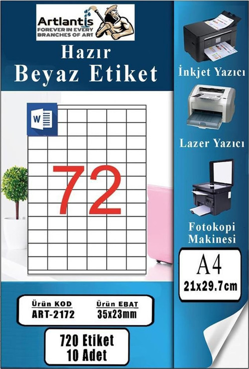 A4 Hazır Etiket 35x23 mm 10 Sayfa 1 Paket 72 li Kendinden Yapışkanlı Fotokopi Lazer İnkjet Kağıdı Yazıcılar İçin Uyumlu
