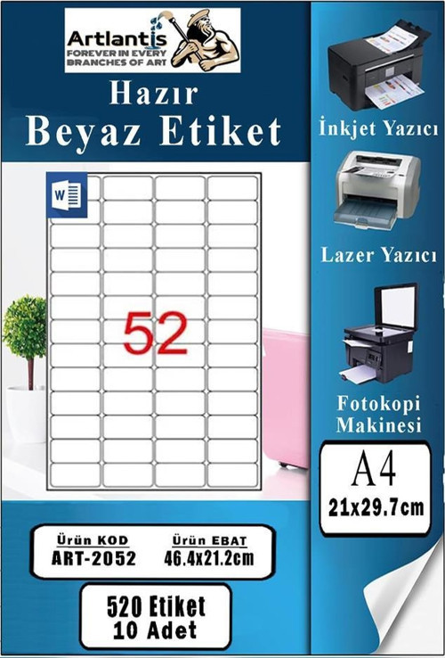 A4 Hazır Etiket 46.4x21.2 mm 10 Sayfa 1 Paket 52 li Kendinden Yapışkanlı Fotokopi Lazer İnkjet Kağıdı Yazıcılar İçin Uyu