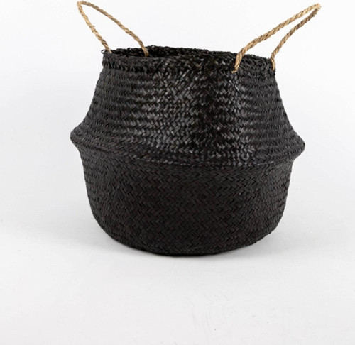 Siyah Small Boy Katlanabilir Doğal Hasır Sepet Saksılık, El Yapımı, Dekoratif Ve Şık 25X25Cm