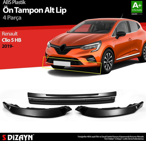 Renault Clio Uyumlu 5 Hatchback ABS Plastik Ön Tampon Alt Lip Siyah Ekli 4 Parça. 2019 Üzeri A+Kalite Parça