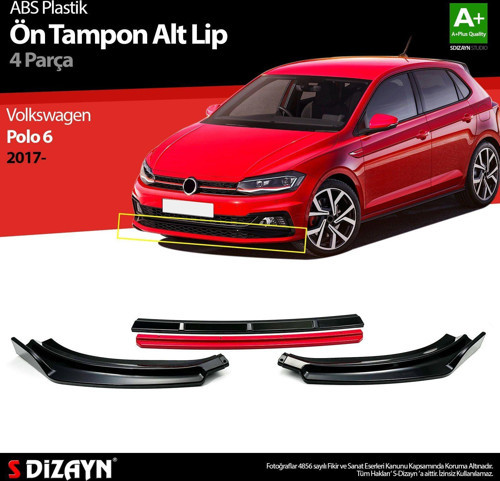 Volkswagen Polo Uyumlu 6 ABS Plastik Ön Tampon Alt Lip Kırmızı Ekli 4 Parça. 2017 Üzeri A+Kalite Parça