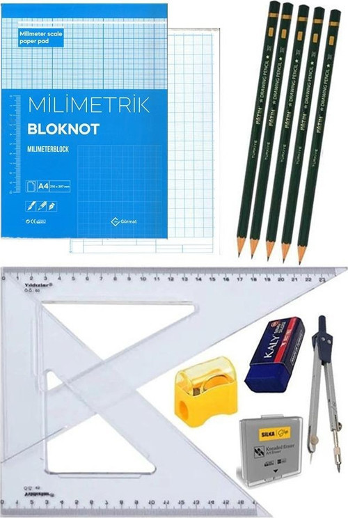 Milimetrik Teknik Çizim Seti 12 Parça 1 Paket Mavi Milimetrik Çizim Defteri Gönye Dereceli Kalem Metal Pergel Silgi Kale