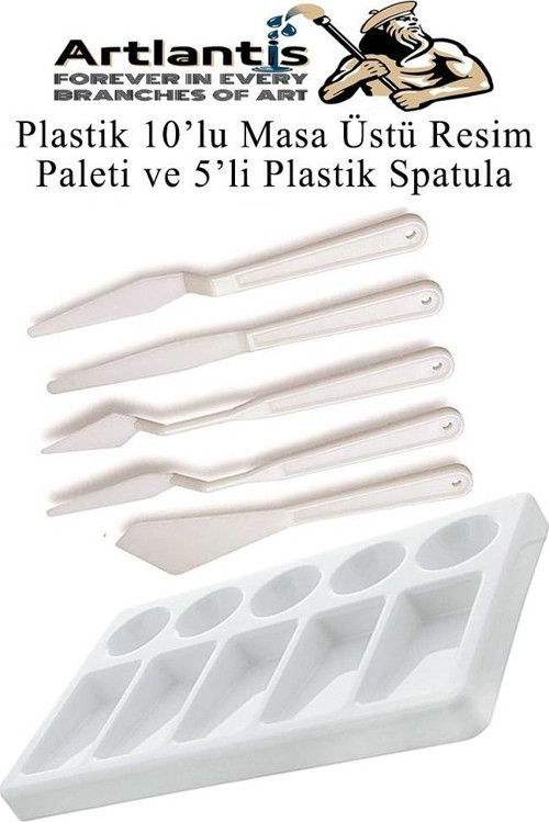 Plastik Masa Üstü 10 Hazneli Resim Paleti 5 li Plastik Spatula 1 Paket Ressam Paketi Sanatsal Esnek Plastik Palet Bıçağı