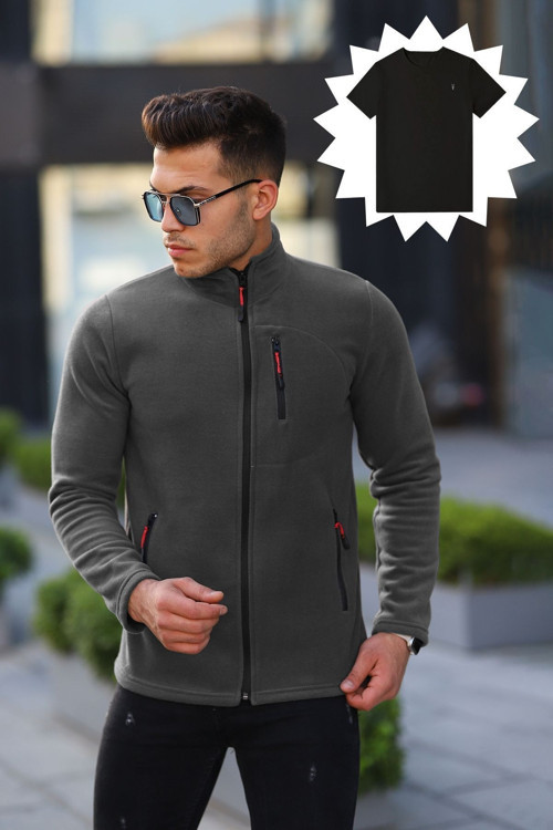 TİŞÖRT Hediyeli Erkek Antrasit Softshell Polar Standart Tam Fermuarlı 3 Cepli Erkek Polar Hırka Antrasit M