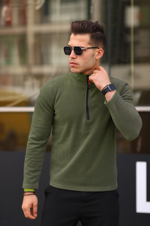Koyu Yeşil Erkek Sweatshirt Polar Standart-fit Yarım Spor Polar Sweatshirt Hıkra Koyu Yeşil M