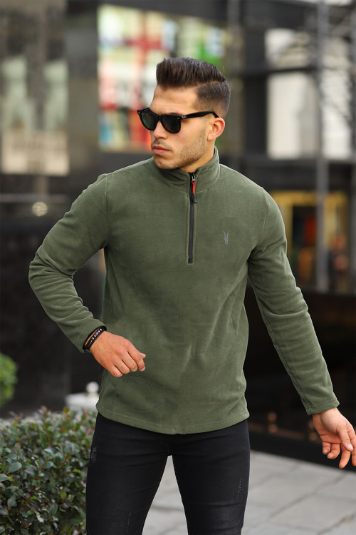 Haki Erkek Softshell Polar Yarım Fermuarlı Polar Standart-fit Kalıp Günlük Rahat Erkek Hırka Haki L