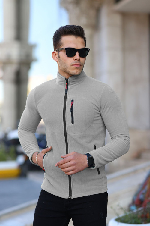 Erkek Polar Soğuya Dayanıklı Standart-fit 3 Cepli Tüylenme Yapmayan Erkek Polar Hırka Gri L