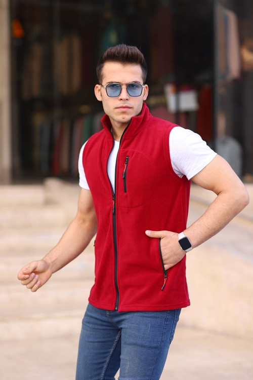 Kırmızı Kolsuz 3 Çepli Erkek Polar Günlük Standart Rahat Tam Fermuarlı Polar Erkek Kırmızı XL
