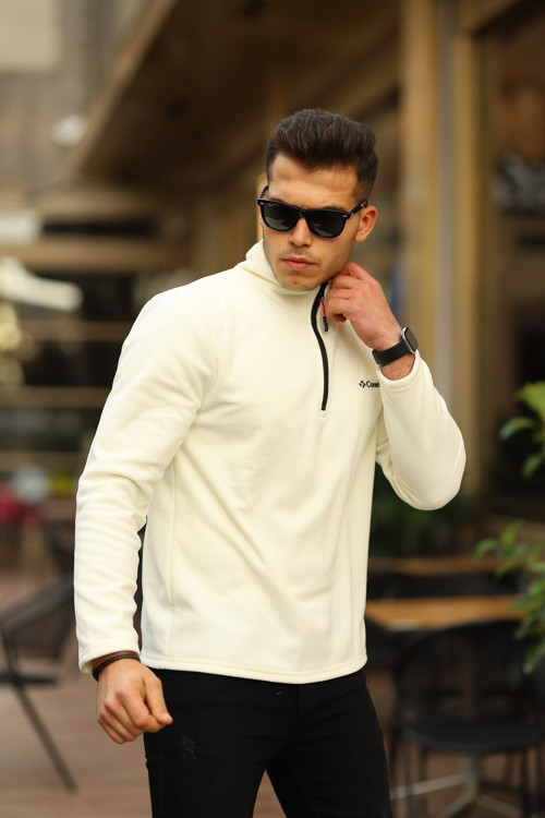 Beyaz Renk Erkek Sweatshirt Polar Standart-fit Yarım Günlük Spor Sweatshirt Beyaz S