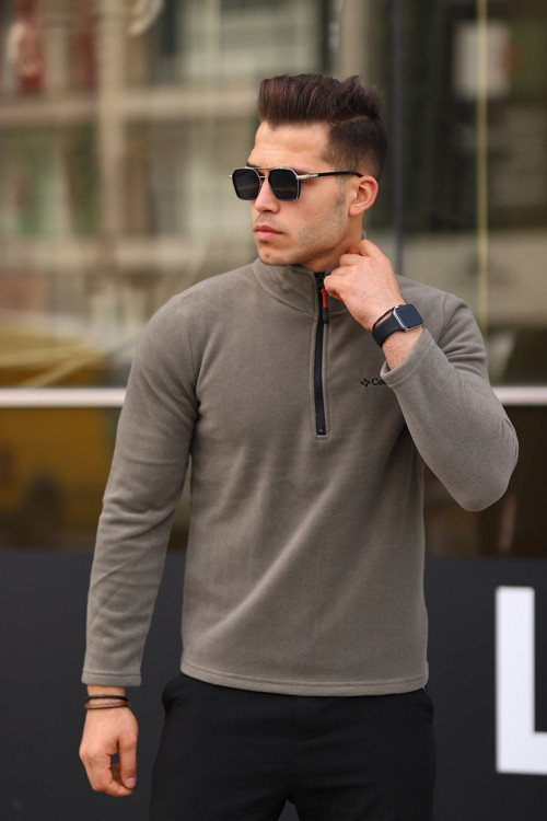 Haki Shoftsell Polar Günlük Rahat Standart Kalıp Yarım Fermuarlı Çepsiz Polar Hırka Outdoor Haki XL