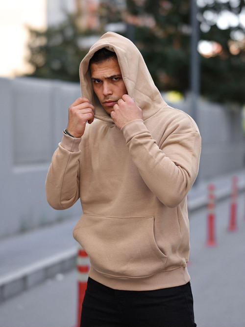 Erkek Krem Tam Oversize Kanguru Cepli 3 İplik Erkek Kapüşonlu Sweatshirt Krem 2XL