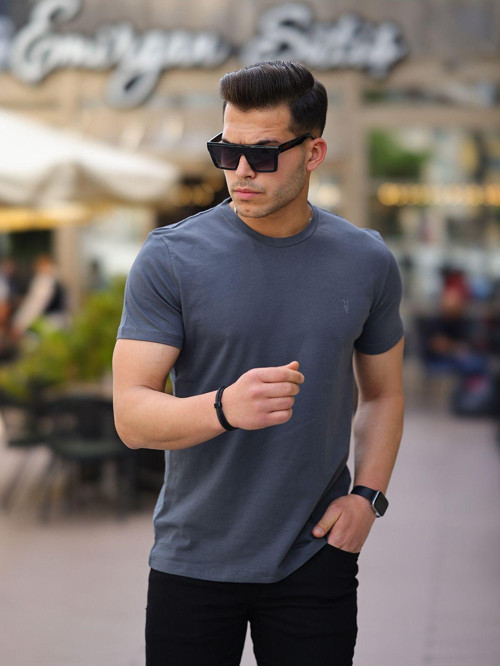 Erkek Bisiklet Yaka Standart %100 Pamuk Erkek Basic Spor T-Shirt - Antrasit