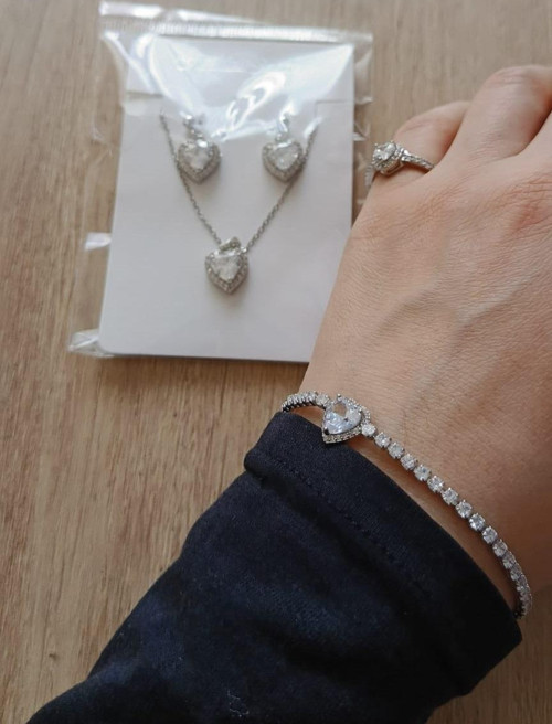 Kadın Çelik Gümüş Kalp Kolye, Küpe, Suyolu Bileklik ve Yüzük Sevgiliye Özel Set