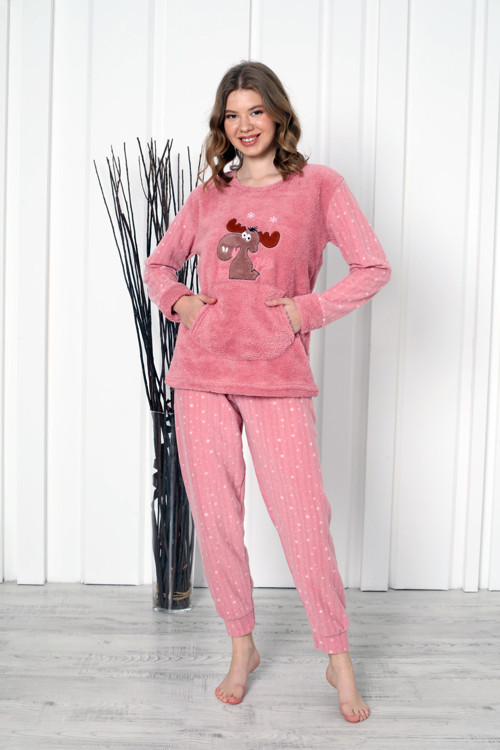 Fawn 04-3301 Peluş Welsoft Polar Kışlık Yumoş Geyikli Kadın Pijama Takımı