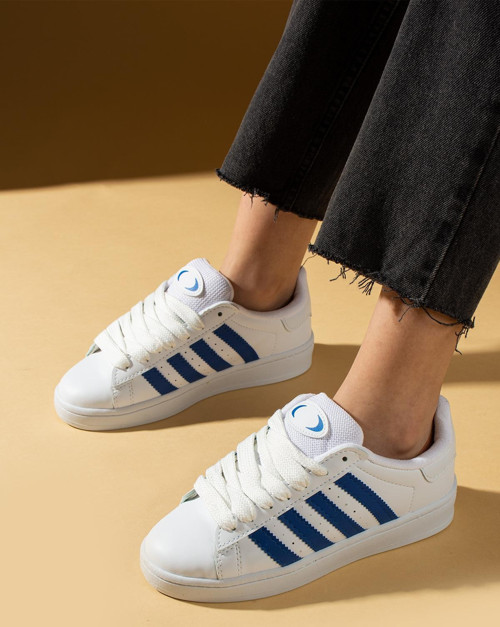 Kalın Bağcıklı Şerit Detaylı Rahat Taban Kadın Sneakers 001-3458-25Mavi
