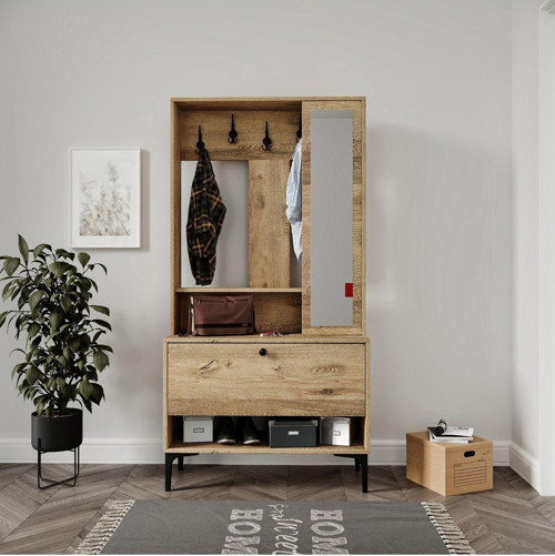Valentin Wood Tarz Raflı,Aynalı Portmanto - Ayakkabılık - Vestiyer (%100Mdf)