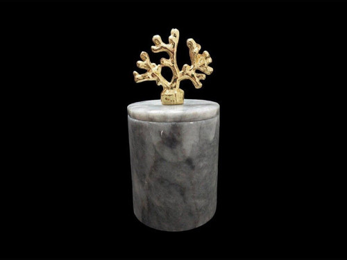 Urestone Gri Mermer 9X 10 Mercan Detaylı Pamukluk-Mermer Kapaklı Kutu-Gold Aksesuarlı