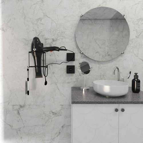 DC-5119 Dekoratik Siyah Yapıştırmalı Fön Banyo Metal Saç Kurutma Fön Makinesi Askısı Pratik