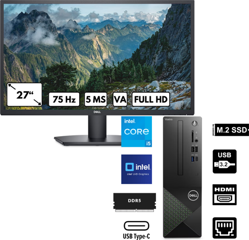 Vostro 3030 i5-12400 16 GB 4 TBSSD UHD Graphics Windows 11 Home + 27" FHD 5MS Monitör N6004VDT3030MTU_SE2725HBT27