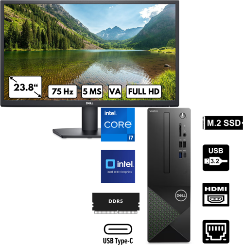 Vostro 3030 i7-12700 24 GB 4 TBSSD UHD Graphics Windows 11 Home + 24" FHD 5MS Monitör N6007VDT3030MTU_SE2425HBT39