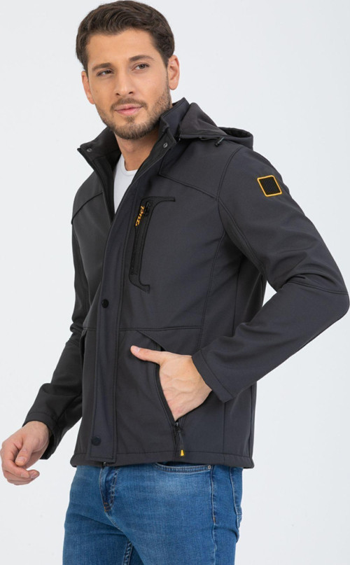 Erkek Gri Kapüşonlu Su Ve Rüzgar Geçirmez Softshell Mont