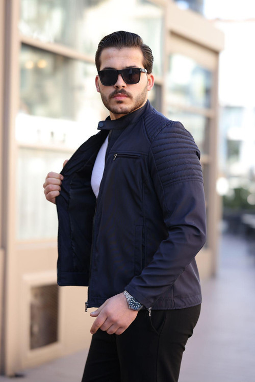 Erkek Lacivert Su Ve Rüzgar Geçirmez Slim Fit Astarlı Mevsimlik Mont