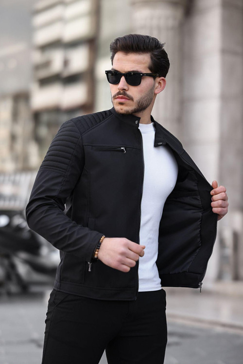Erkek Siyah Su Ve Rüzgar Geçirmez Slim Fit Astarlı Mevsimlik Mont