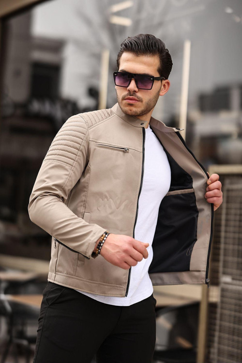 Erkek Krem Su Ve Rüzgar Geçirmez Slim Fit Astarlı Mevsimlik Mont