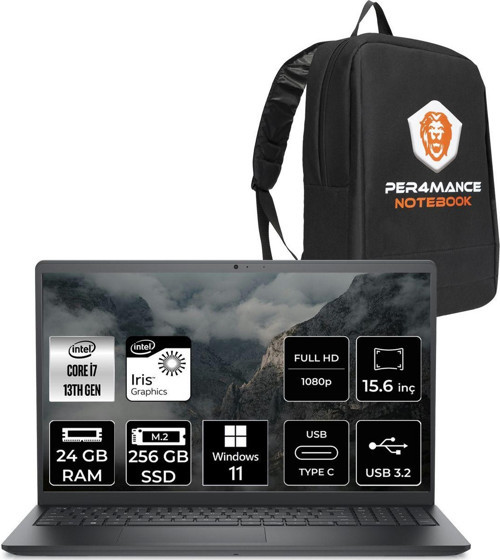 Vostro 3530 İ7 1355U 24Gb Ram 256Gb Ssd 15.6'' Fhd W11P Taşınabilir Bilgisayar & Per4 Çanta