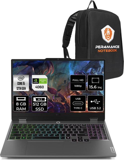 Loq 15Iax9 İ5-12450Hx 8Gb 512Gb Ssd 105W Rtx4060/8Gb 15.6" Fhd Fdos & Per4 Çanta