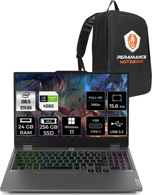 Loq 15Iax9 İ5-12450Hx 24Gb 256Gb Ssd 105W Rtx4060/8Gb 15.6" Fhd W11H & Per4 Çanta