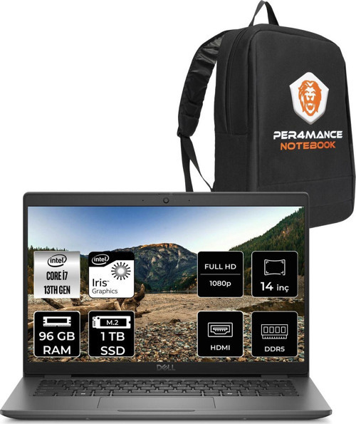Latitude 3450 İ7 1355U 96Gb Ddr5 1Tb Ssd 14'' Ips Fdos Taşınabilir Bilgisayar & Per4 Çanta
