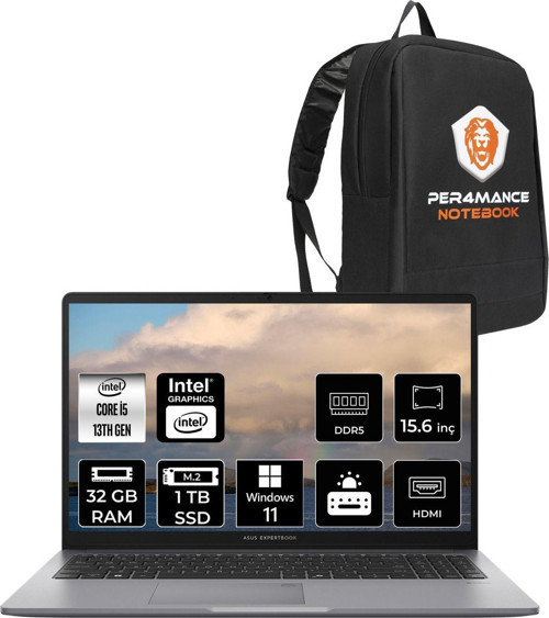 Expertbook P1 Intel Core İ5 13420H 32Gb 1Tb Ssd 15.6" Fhd W11P Dizüstü Bilgisayar & Per4 Çanta