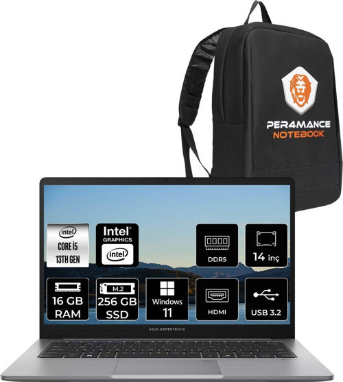 Expertbook P1 Intel Core İ5 13420H 16Gb 256Gb Ssd 14" Fhd W11P Dizüstü Bilgisayar & Per4 Çanta