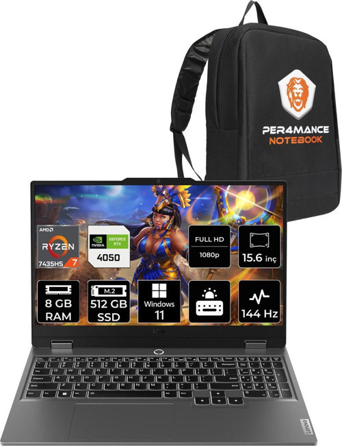 Loq R7 7435Hs 8Gb 512Gb Ssd Rtx4050/6Gb 105W 144Hz Fhd 15.6" W11P Gaming Laptop & Per4 Çanta