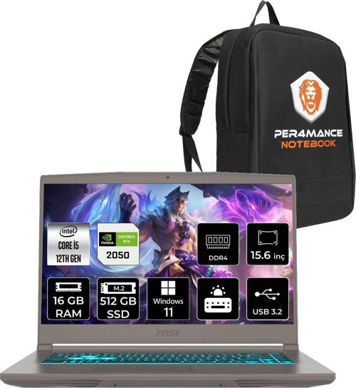 Thin 15 İ5 12450H 16Gb 512Gb Ssd Rtx2050/4Gb 15.6" Fhd 144Hz W11P B12Ucx20Tr & Per4 Çanta