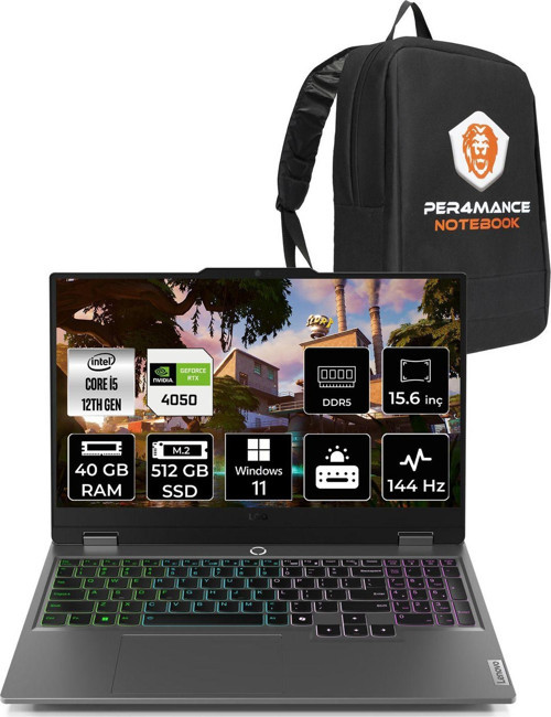 Loq İ5-12450Hx 40Gb 512Gb Ssd Rtx4050/6Gb 15.6" Fhd 144Hz W11H & Per4 Çanta