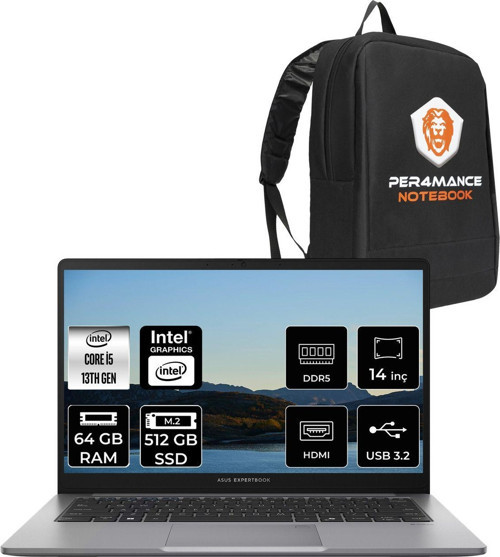 Expertbook P1 Intel Core İ5 13420H 64Gb 512Gb Ssd 14" Fhd Fdos Dizüstü Bilgisayar & Per4 Çanta