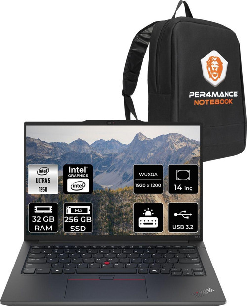 Thinkpad E14 G6 Ultra 5 125U 32Gb 256Gb Ssd 14'' Wuxga Fdos 21M7002Ptx & Per4 Çanta